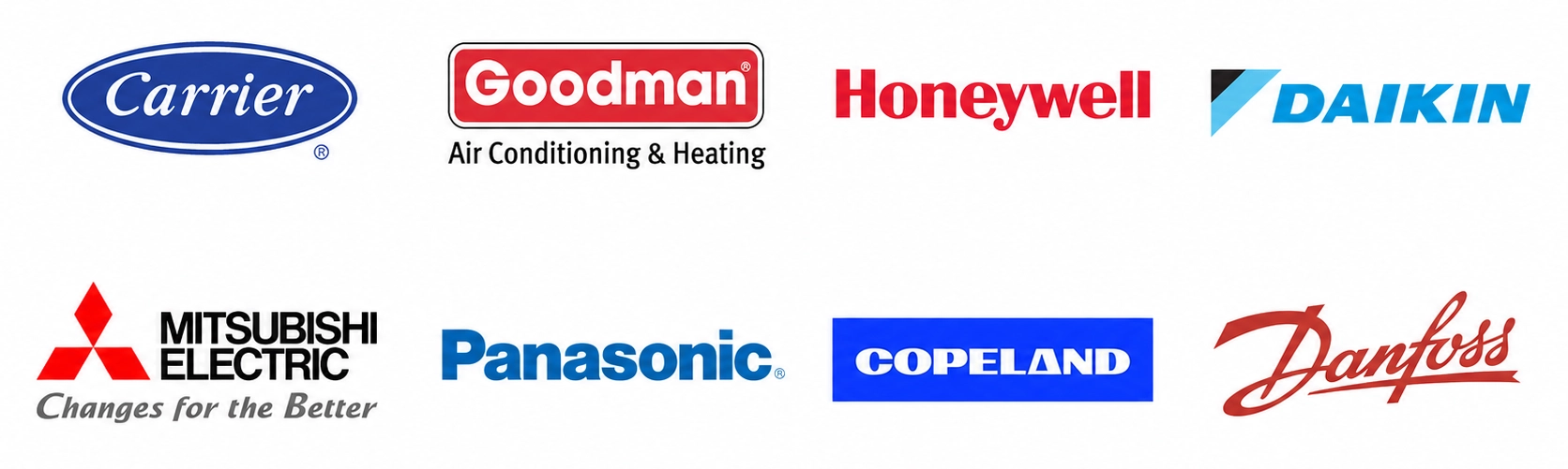 clients-hvac Trusted HVAC customer logos including Carrier, Goodman, Honeywell, Daikin, Mitsubishi Electric, Panasonic and Copeland